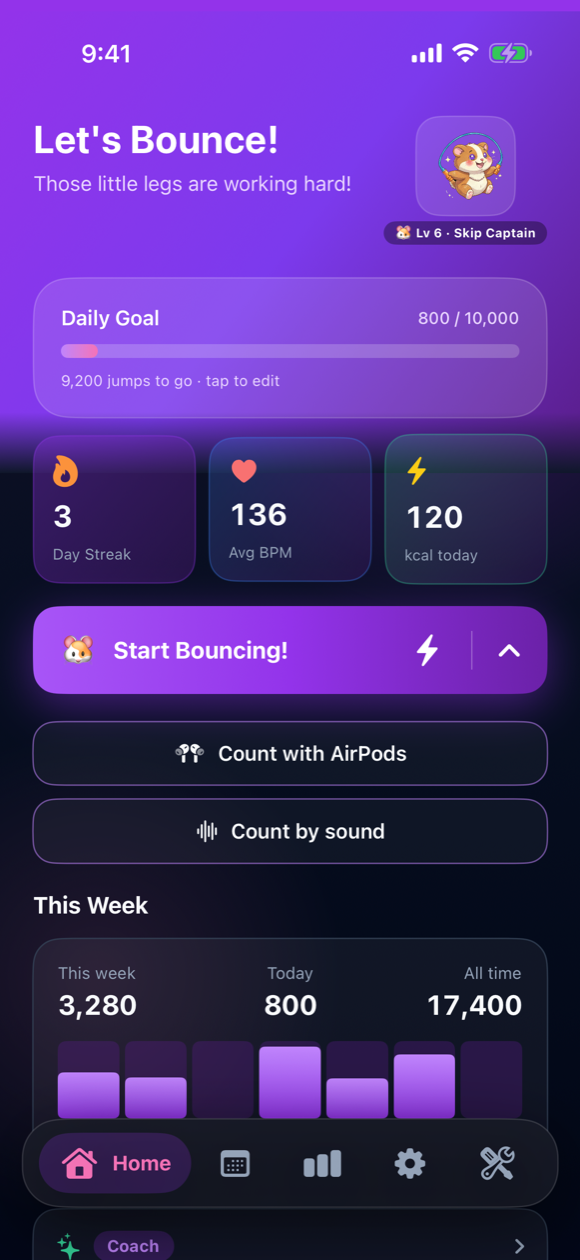 Bouncer home screen showing a jump count in progress